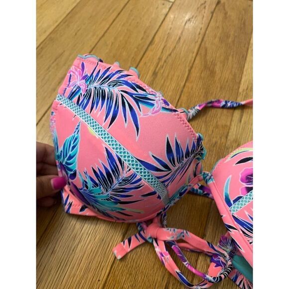 NWT Shade Shore womens Tropical Print pink strappy back Bikini Top size 32DD - Picture 2 of 6